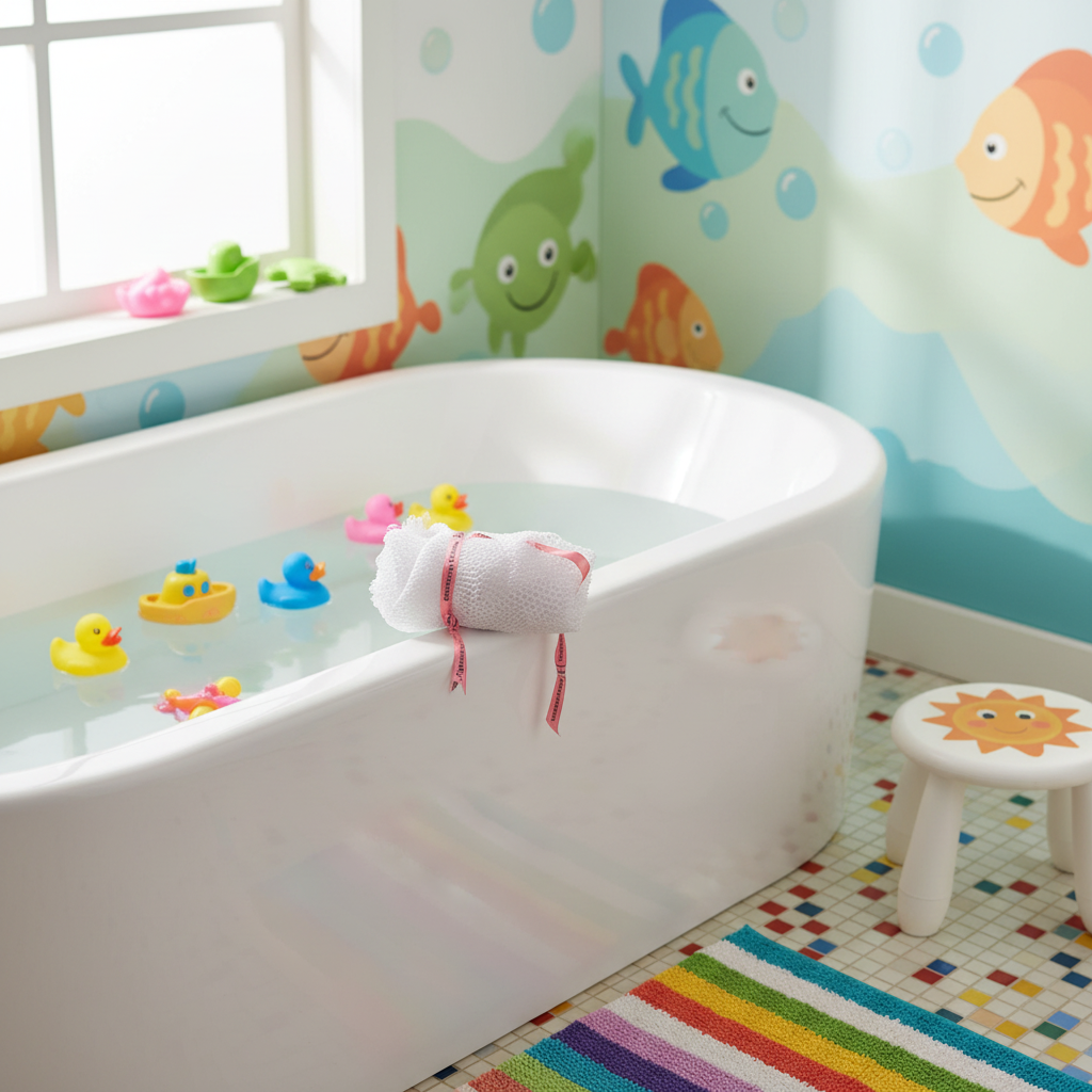 White Net Sponge with Kids Bathroom Background